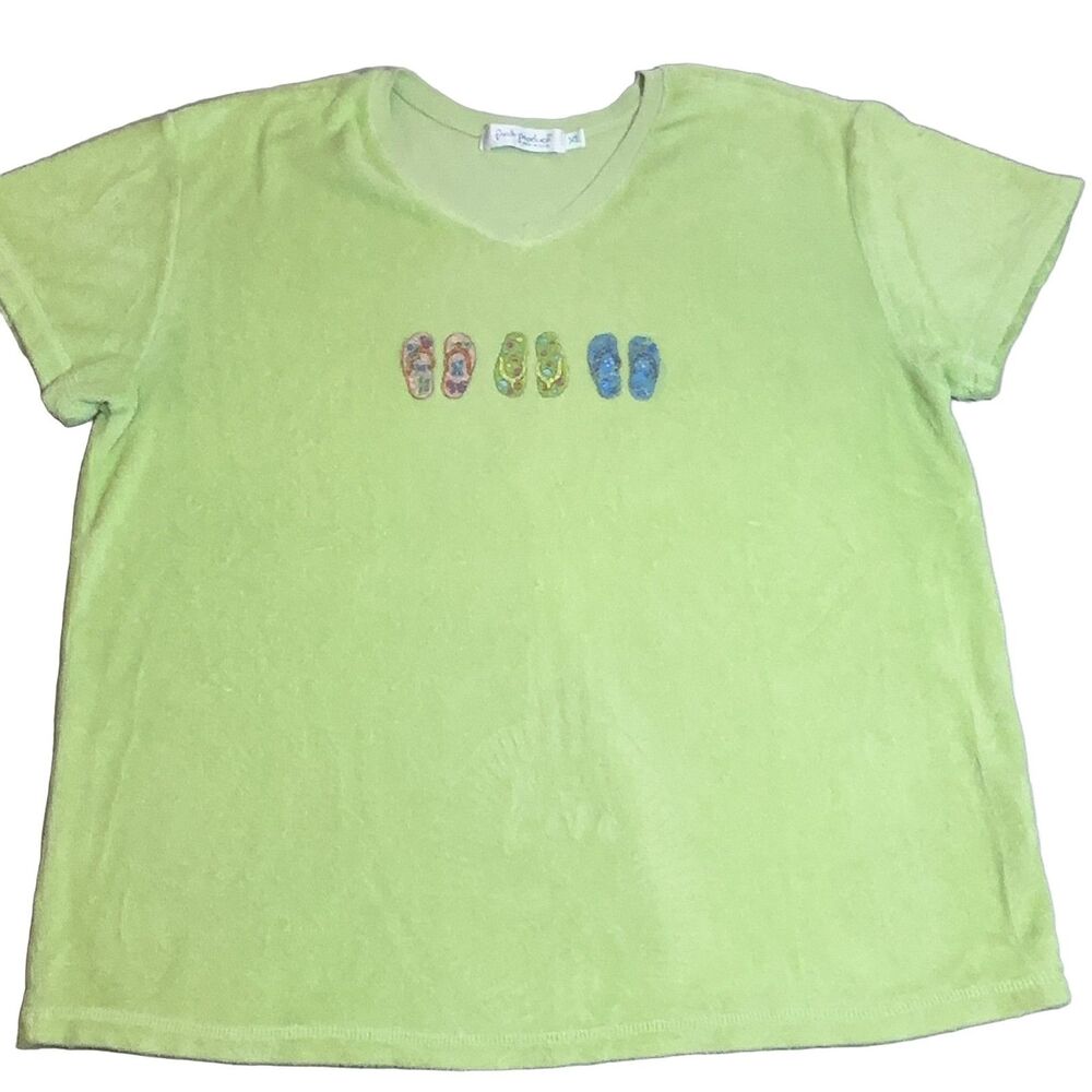 Fresh Produce V-Neck T-Shirt XL Lime Green Embroidered Flip Flops Cotton
